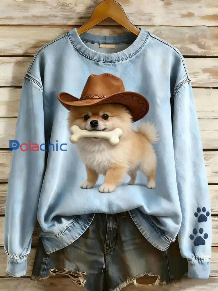 Rétro Denim Patchwork Animal Art Print Casual Comfort Sweat-shirt à manches longues pour femmes A / S