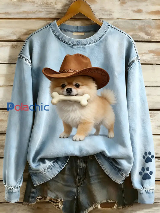 Rétro Denim Patchwork Animal Art Print Casual Comfort Sweat-shirt à manches longues pour femmes A / S