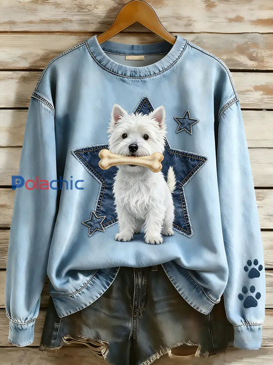 Rétro Denim Patchwork Animal Art Print Casual Comfort Sweat-shirt à manches longues pour femmes A / S