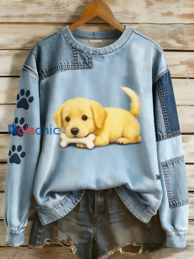 Rétro Denim Patchwork Animal Art Print Casual Comfort Sweat-shirt à manches longues pour femmes A / S