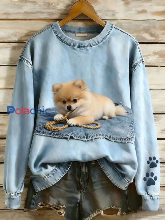 Rétro Denim Patchwork Animal Art Print Casual Comfort Sweat-shirt à manches longues pour femmes A / S