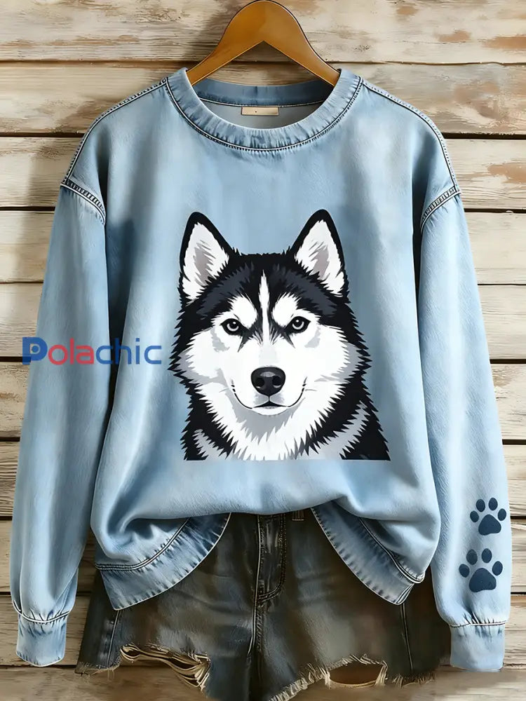 Rétro Denim Patchwork Animal Art Print Casual Comfort Sweat-shirt à manches longues pour femmes A / S