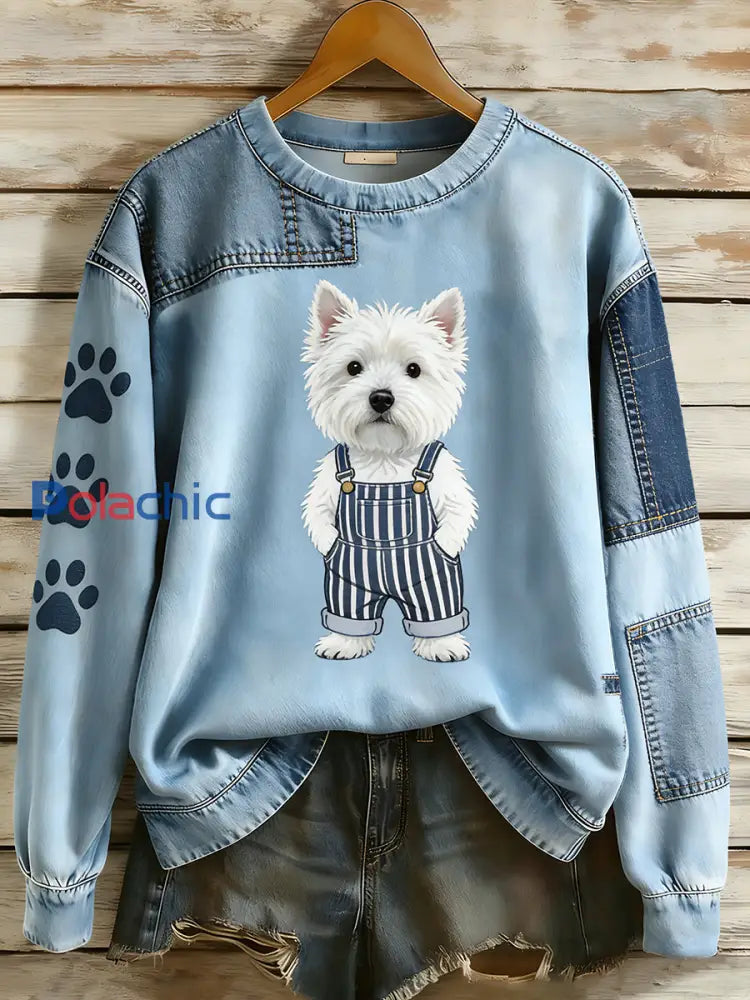 Rétro Denim Patchwork Animal Art Print Casual Comfort Sweat-shirt à manches longues pour femmes A / S