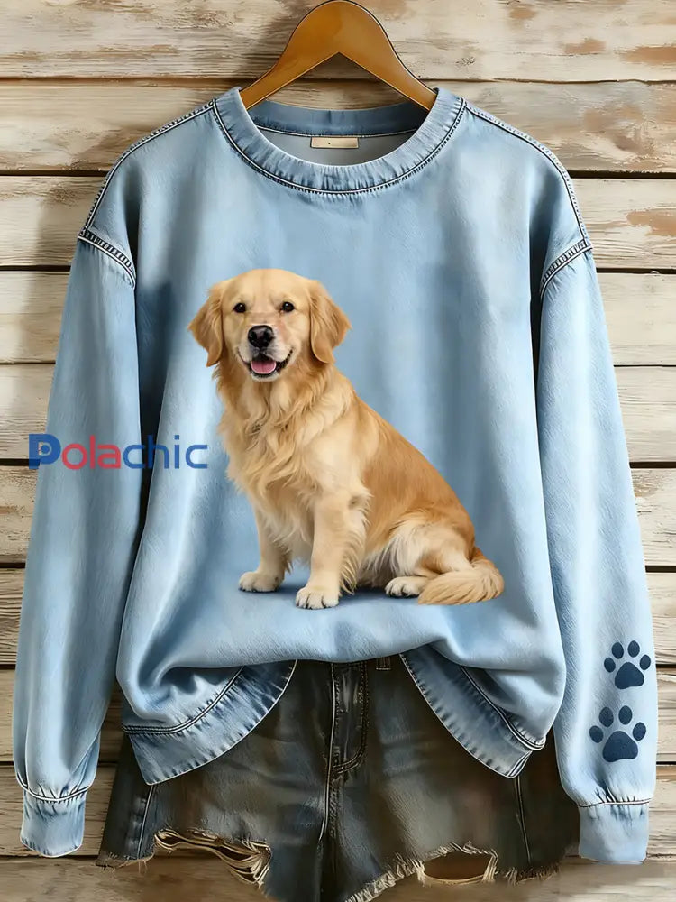 Rétro Denim Patchwork Animal Art Print Casual Comfort Sweat-shirt à manches longues pour femmes A / S
