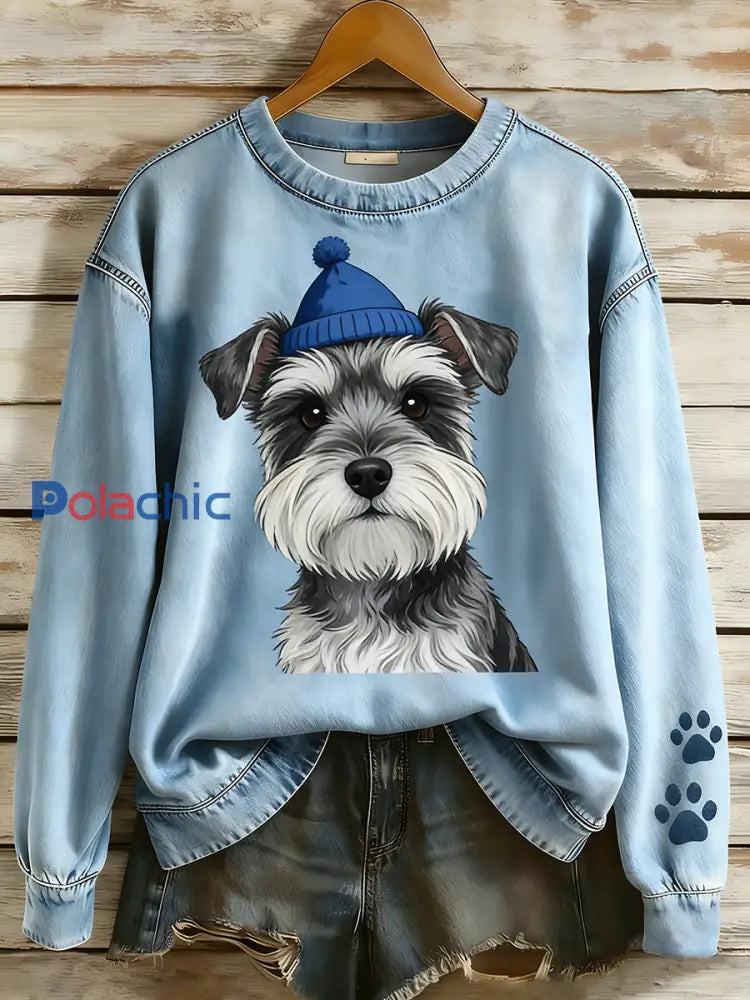 Rétro Denim Patchwork Animal Art Print Casual Comfort Sweat-shirt à manches longues pour femmes A / S