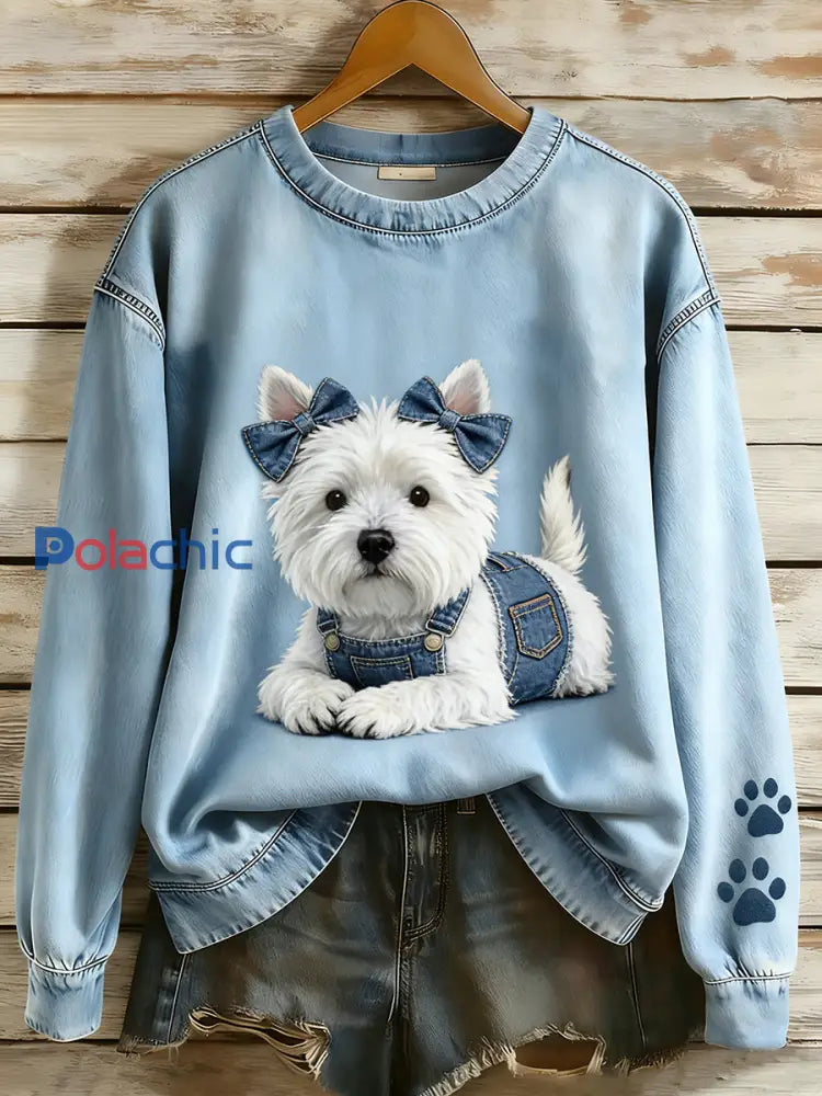 Rétro Denim Patchwork Animal Art Print Casual Comfort Sweat-shirt à manches longues pour femmes A / S