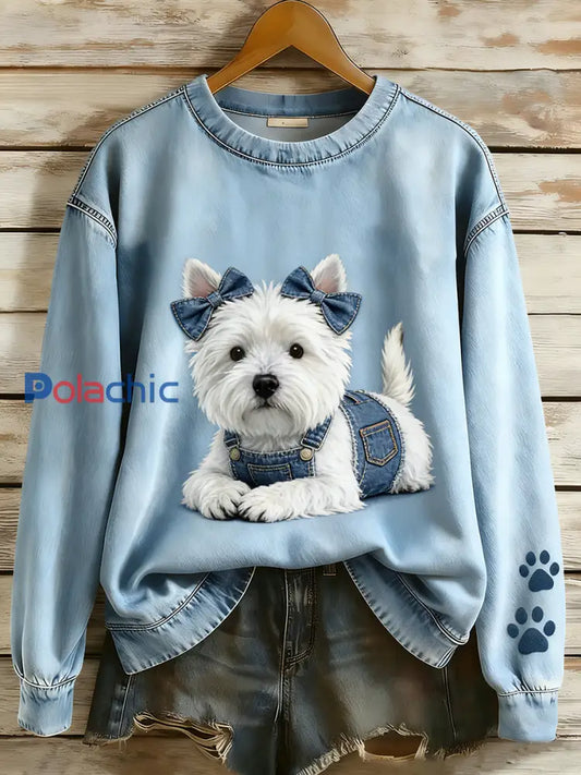Rétro Denim Patchwork Animal Art Print Casual Comfort Sweat-shirt à manches longues pour femmes A / S