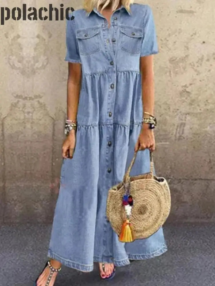 Rétro Denim Style Multi-Bouton Distressed Long Dress Des Femmes Bleu Clair / S