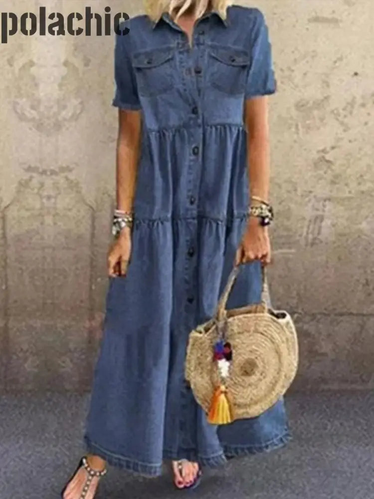 Rétro Denim Style Multi-Bouton Distressed Long Dress Des Femmes Bleu Marine / S