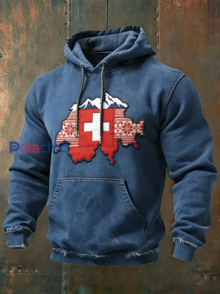 Retro Denim Swiss Map & Cross Print Hoodie pour hommes en détresse Multicolore / S