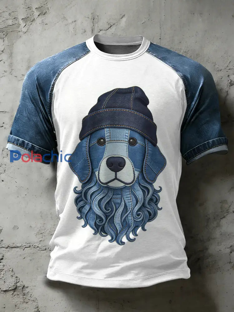 Retro Dog Art Pattern Patchwork Print T-shirt décontracté à manches courtes pour hommes comme image / S