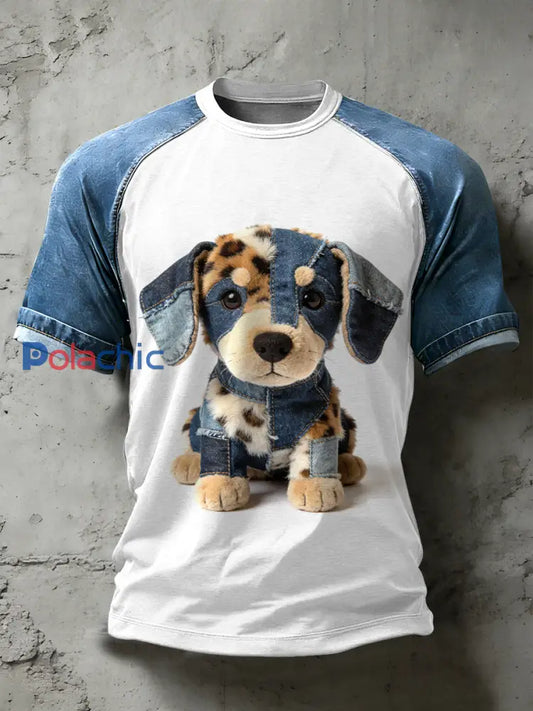 Retro Dog Art Pattern Patchwork Print T-shirt décontracté à manches courtes pour hommes comme image / S