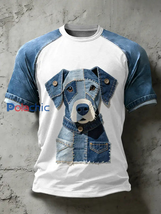 Retro Dog Art Pattern Patchwork Print T-shirt décontracté à manches courtes pour hommes comme image / S