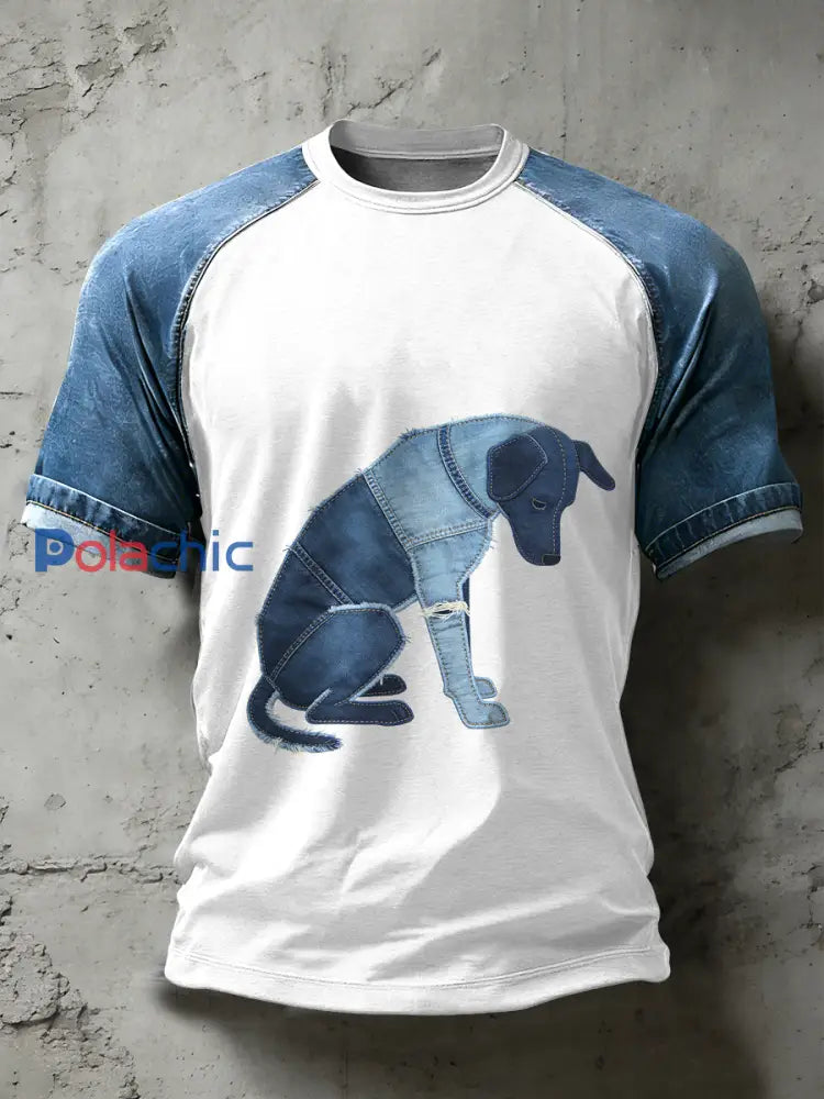 Retro Dog Art Pattern Patchwork Print T-shirt décontracté à manches courtes pour hommes comme image / S