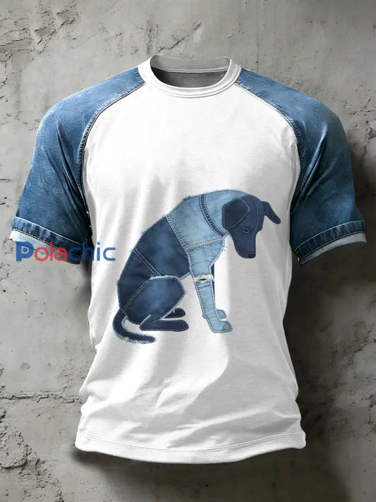 Retro Dog Art Pattern Patchwork Print T-shirt décontracté à manches courtes pour hommes comme image / S