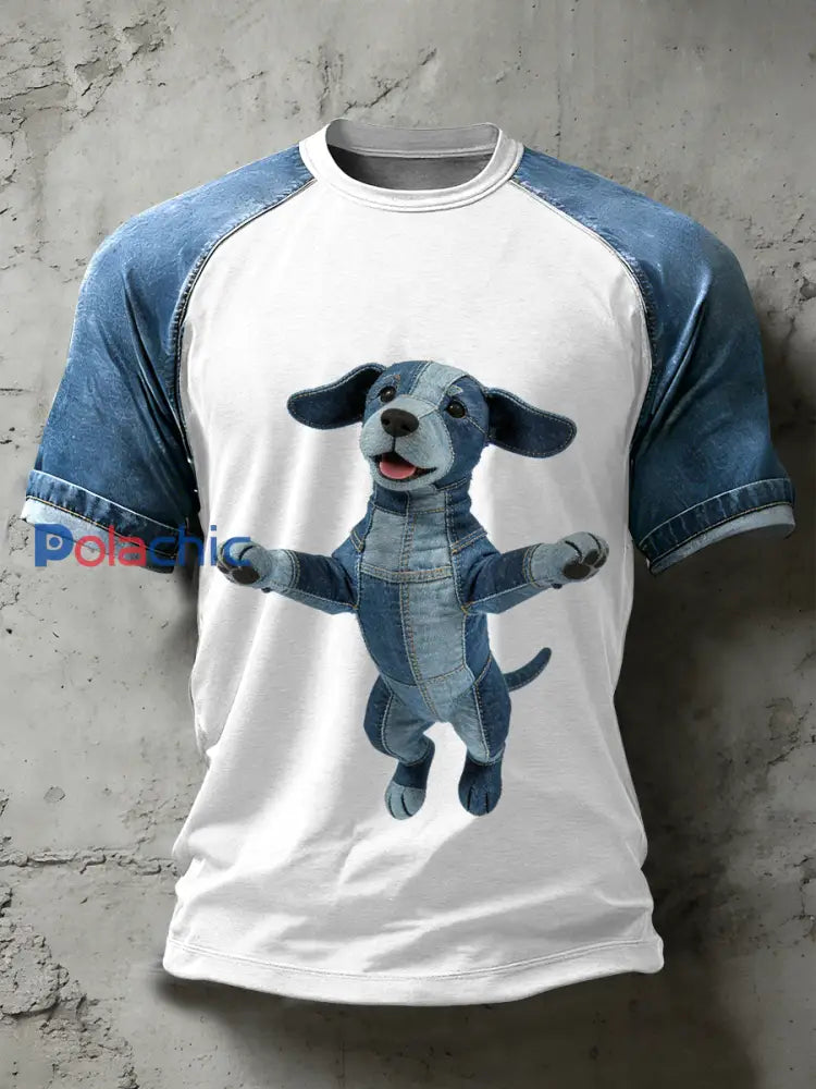 Retro Dog Art Pattern Patchwork Print T-shirt décontracté à manches courtes pour hommes comme image / S
