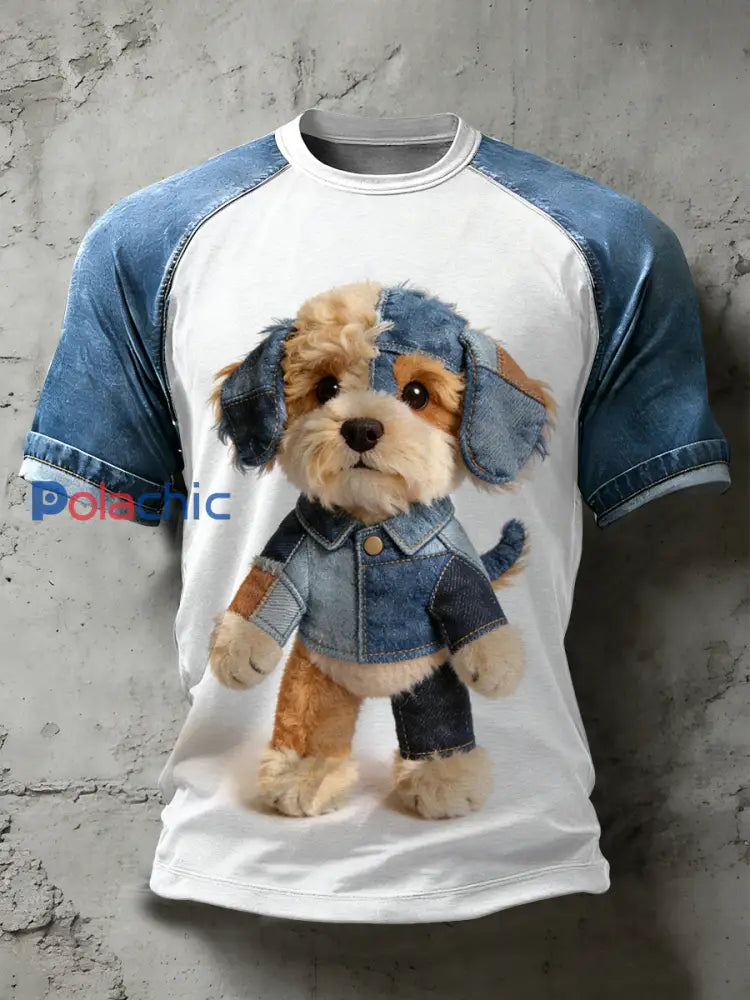 Retro Dog Art Pattern Patchwork Print T-shirt décontracté à manches courtes pour hommes comme image / S