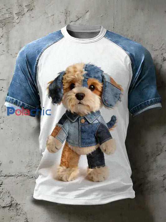 Retro Dog Art Pattern Patchwork Print T-shirt décontracté à manches courtes pour hommes comme image / S