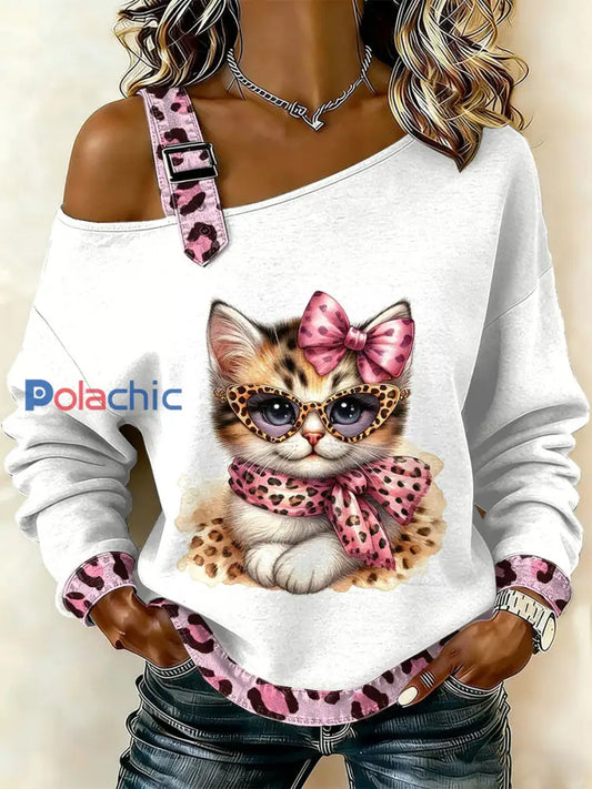Retro Dog Patchwork Imprimé Casual Off-épaule Sweatshirt Femme comme image / S