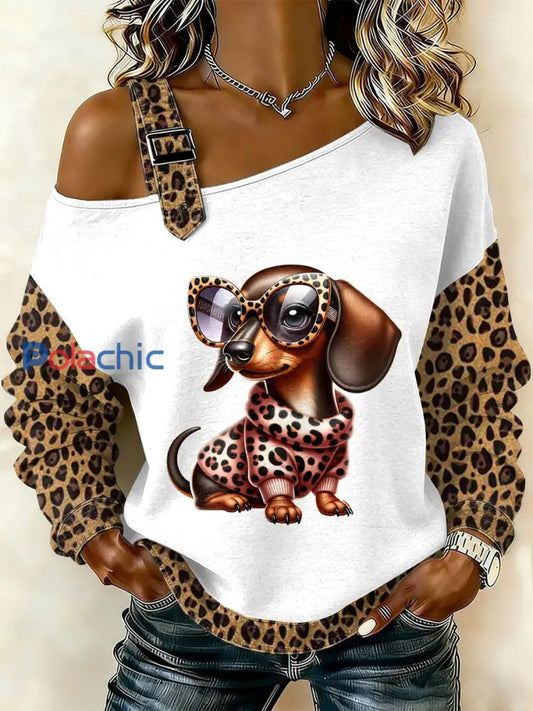 Retro Dog Patchwork Imprimé Casual Off-épaule Sweatshirt Femme comme image / S