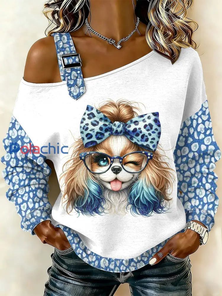 Retro Dog Patchwork Imprimé Casual Off-épaule Sweatshirt Femme comme image / S