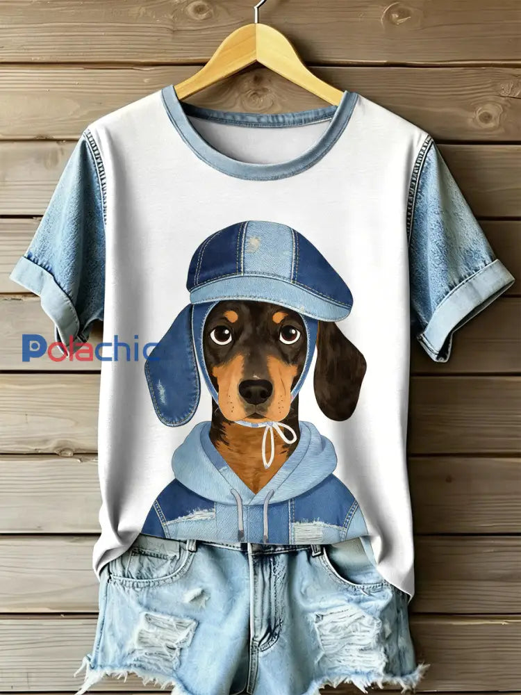 Retro Dog Patchwork Imprimer T-shirt décontracté à manches courtes pour femmes comme image / S