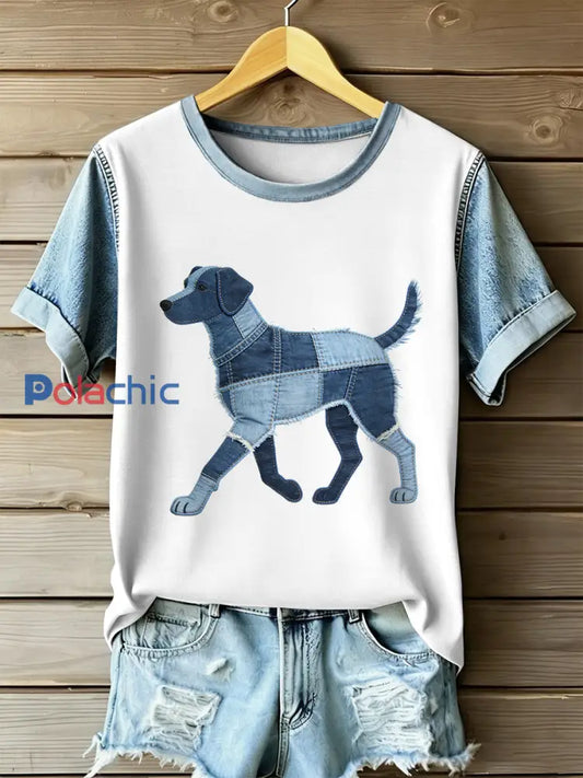 Retro Dog Patchwork Imprimer T-shirt décontracté à manches courtes pour femmes comme image / S