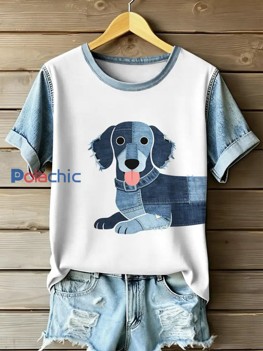 Retro Dog Patchwork Imprimer T-shirt décontracté à manches courtes pour femmes comme image / S
