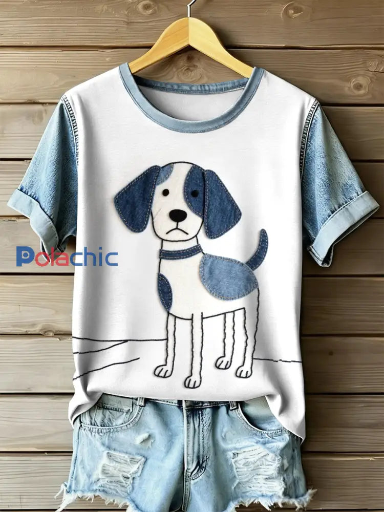 Retro Dog Patchwork Imprimer T-shirt décontracté à manches courtes pour femmes comme image / S
