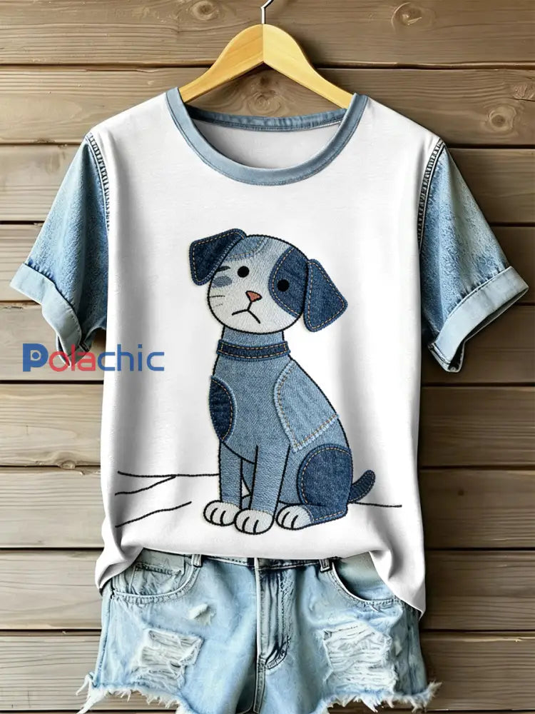Retro Dog Patchwork Imprimer T-shirt décontracté à manches courtes pour femmes comme image / S
