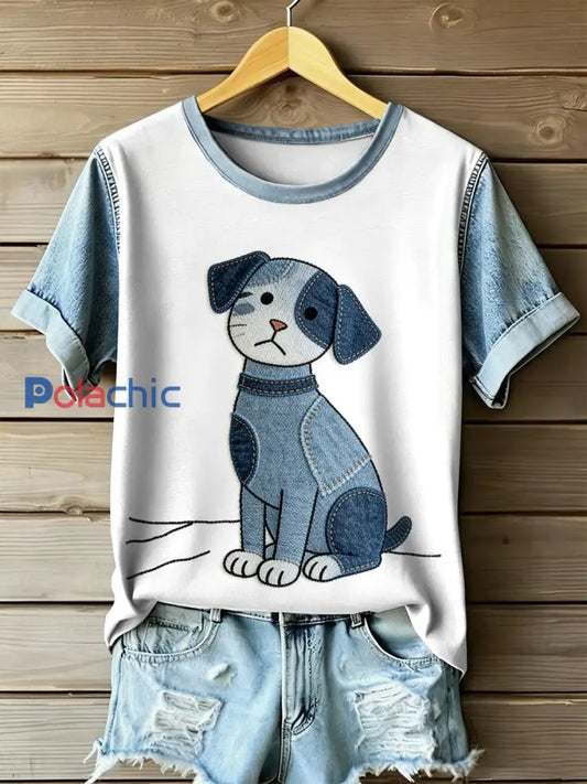 Retro Dog Patchwork Imprimer T-shirt décontracté à manches courtes pour femmes comme image / S