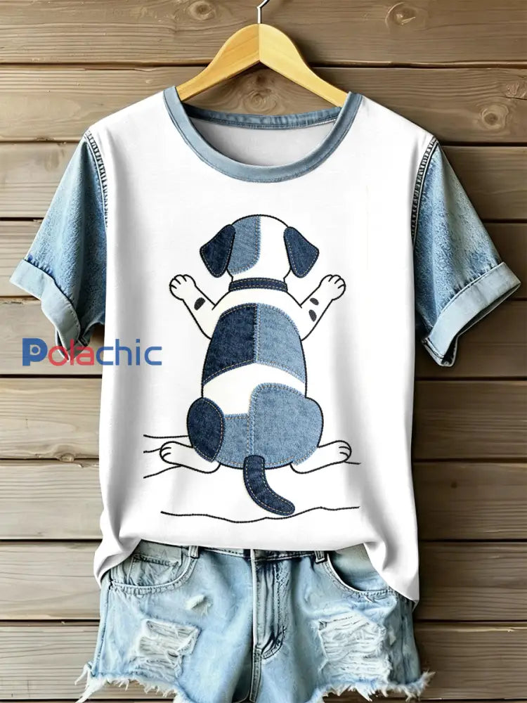 Retro Dog Patchwork Imprimer T-shirt décontracté à manches courtes pour femmes comme image / S