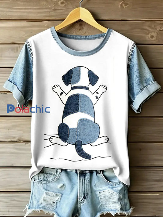 Retro Dog Patchwork Imprimer T-shirt décontracté à manches courtes pour femmes comme image / S