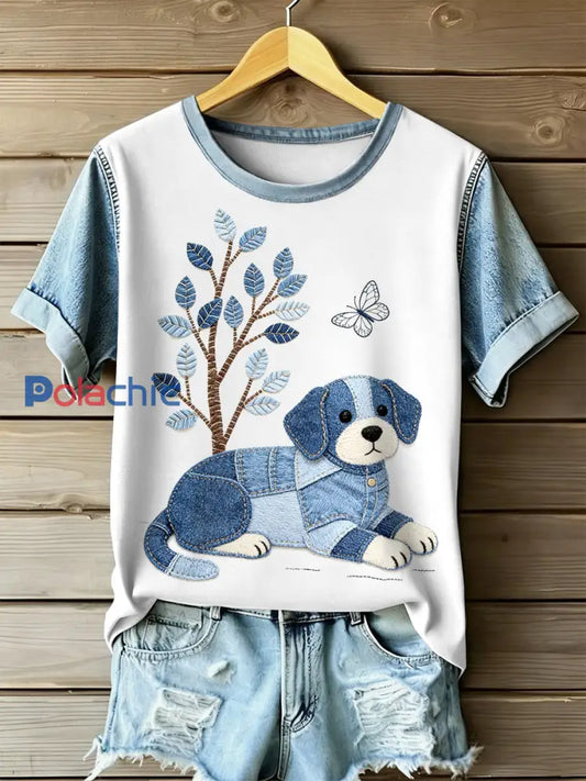 Retro Dog Patchwork Print Casual T-shirt à manches courtes pour femmes comme image / S