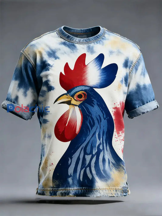 Rétro Drapeau Français Coq Motif Couleur Bloqué T-shirt Décontracté Et Confortable A / S