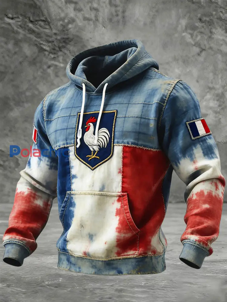 Rétro Drapeau Français Coq Patchwork Casual Waffle Hoodie Multicolore / S