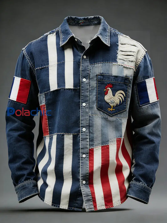 Rétro Drapeau Français Coq Patchwork Color-Block Casual Et Confortable Chemise A / S