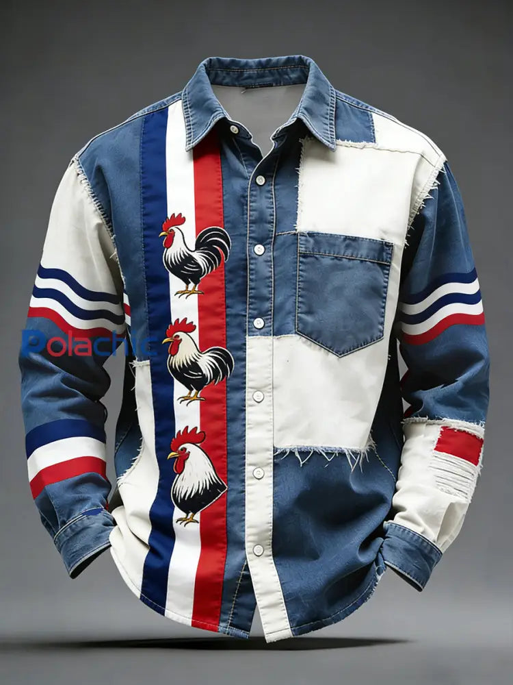 Rétro Drapeau Français Coq Patchwork Color-Block Casual Et Confortable Chemise A / S