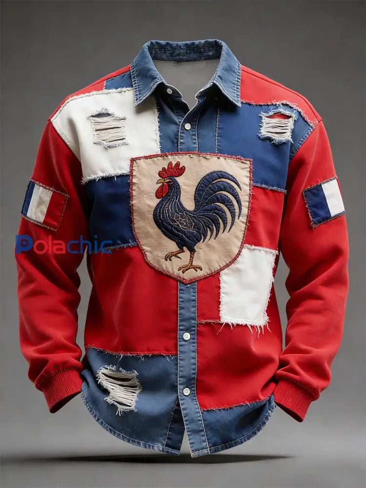Rétro Drapeau Français Coq Patchwork Color-Block Casual Et Confortable Chemise A / S