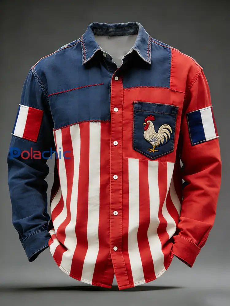 Rétro Drapeau Français Coq Patchwork Color-Block Casual Et Confortable Chemise A / S