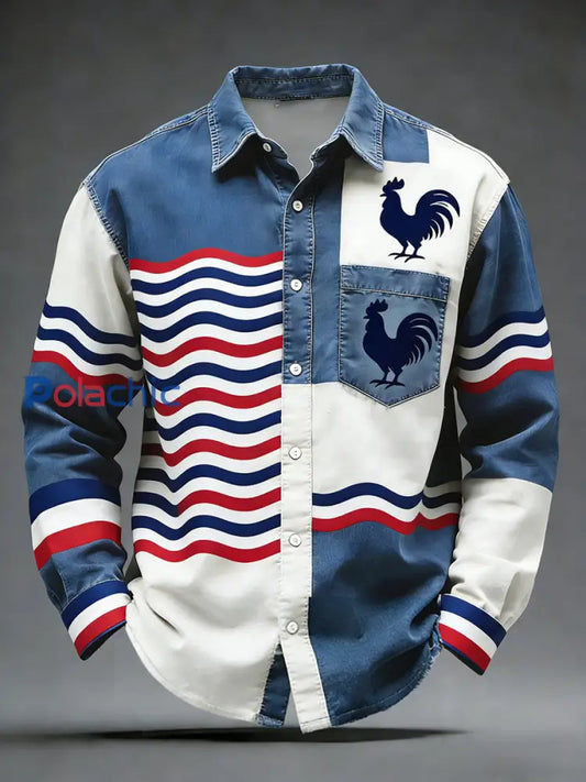 Rétro Drapeau Français Coq Patchwork Color-Block Casual Et Confortable Chemise A / S