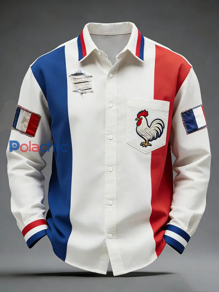 Rétro Drapeau Français Coq Patchwork Color-Block Casual Et Confortable Chemise A / S