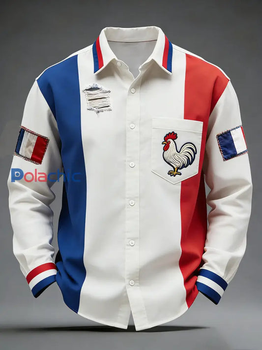 Rétro Drapeau Français Coq Patchwork Color-Block Casual Et Confortable Chemise A / S