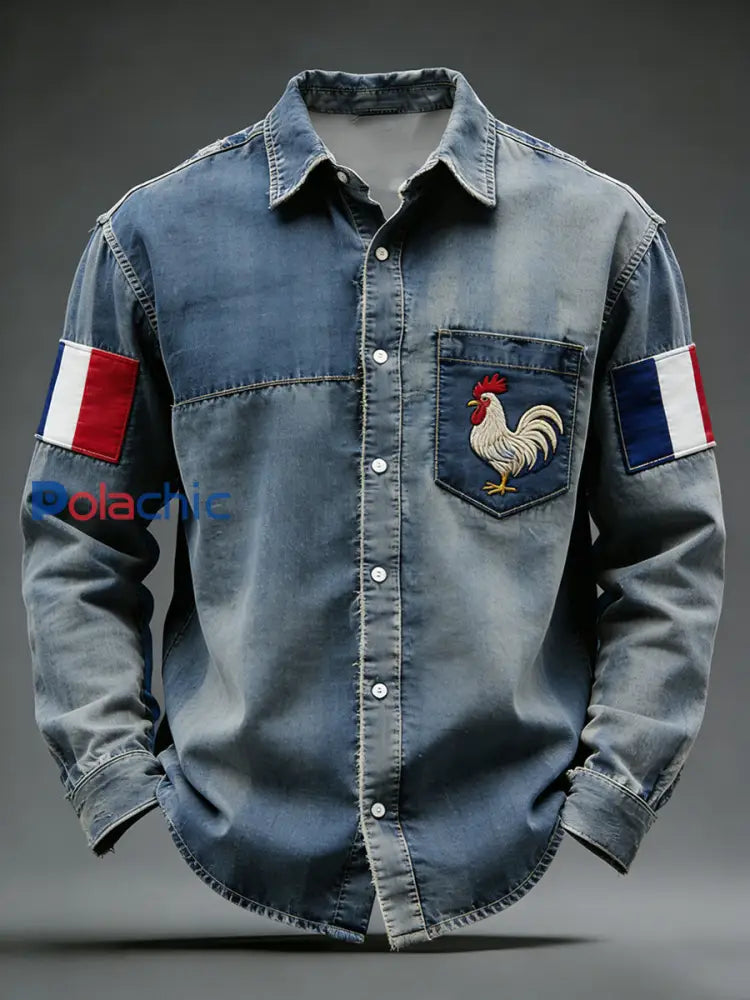 Rétro Drapeau Français Coq Patchwork Color-Block Casual Et Confortable Chemise A / S