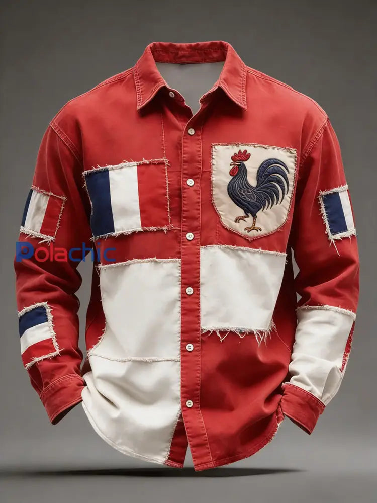 Rétro Drapeau Français Coq Patchwork Color-Block Casual Et Confortable Chemise A / S