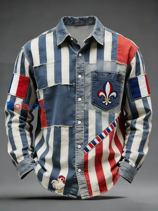 Rétro Drapeau Français Coq Patchwork Color-Block Casual Et Confortable Chemise A / S