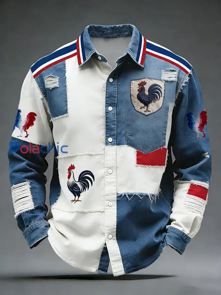 Rétro Drapeau Français Coq Patchwork Color-Block Casual Et Confortable Chemise A / S