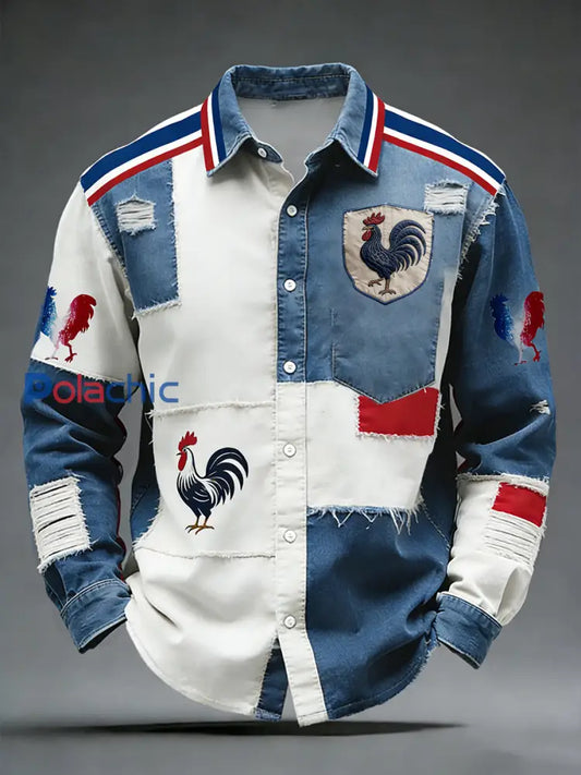 Rétro Drapeau Français Coq Patchwork Color-Block Casual Et Confortable Chemise A / S