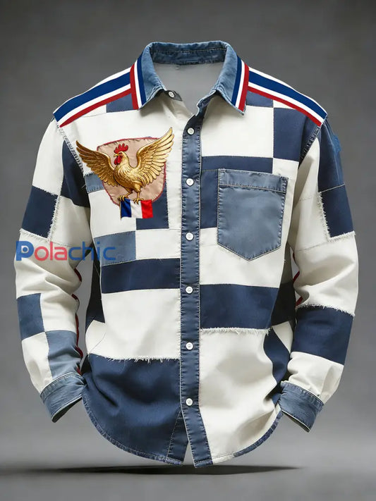 Rétro Drapeau Français Coq Patchwork Color-Block Casual Et Confortable Chemise A / S