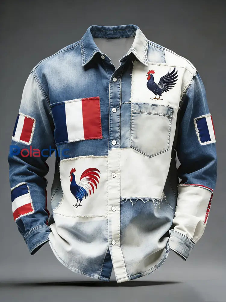 Rétro Drapeau Français Coq Patchwork Color-Block Casual Et Confortable Chemise A / S
